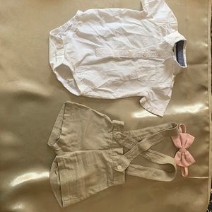 Baby boy pink handmaid bow tie/suspenders/pant top